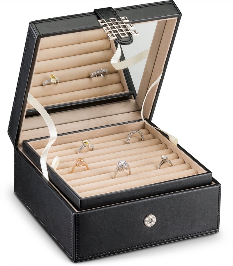 Glenor Co Ring Organizer Box - 108 Slot Classic Jewelry Display Holder - 2 Storage Trays with Modern Buckle Closure, Large Mirror - Holds Rings and Cufflinks - PU Leather Case - Black - Image 4